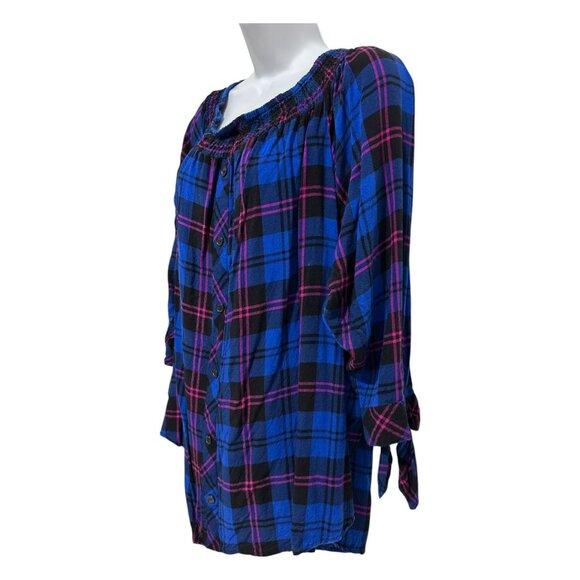 Paper Tee 3X Blue Womens Plus Blouse Plaid Off-Shoulder Button-Up Top Tie-Sleeve - Picture 4 of 11